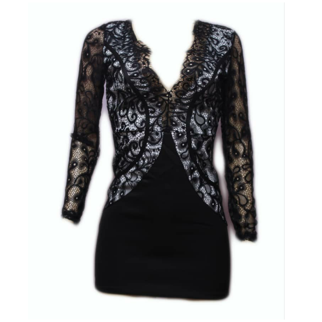 Black scalloped v neck lace long sleeve mini dress - Emfed