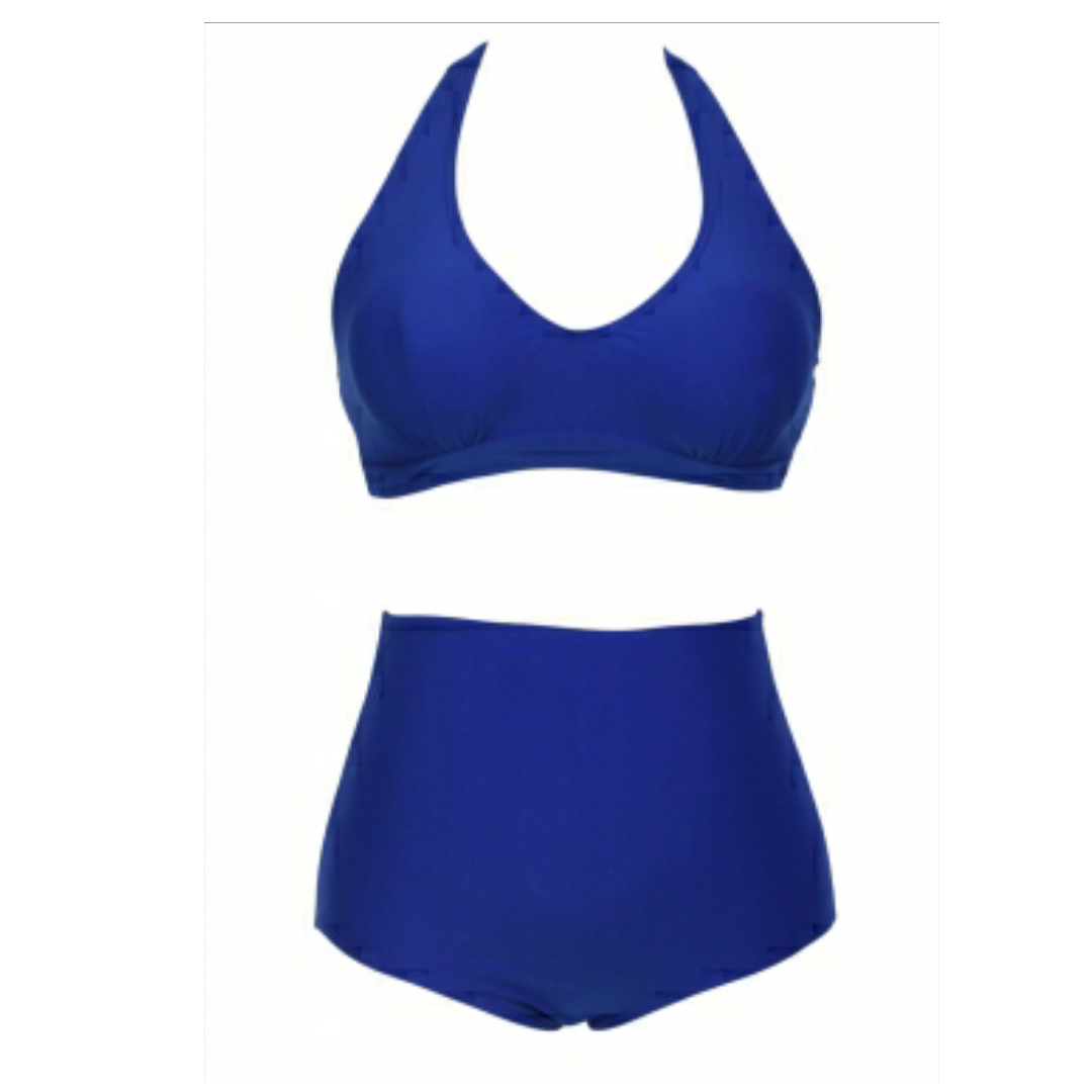 Solid blue halter high waist swimsuit - Emfed