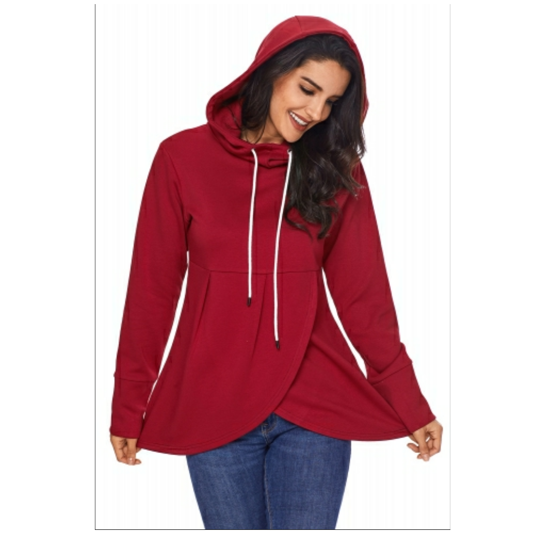 Red casual asymmetric hem pullover hoodie - Emfed